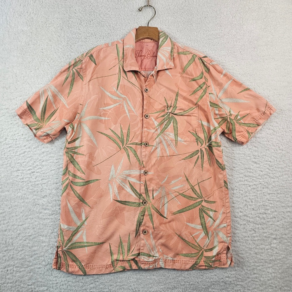 Tommy Bahama Mens Silk Hawaiian Shirt Coral Bamboo Leaf Tropical Print Size M